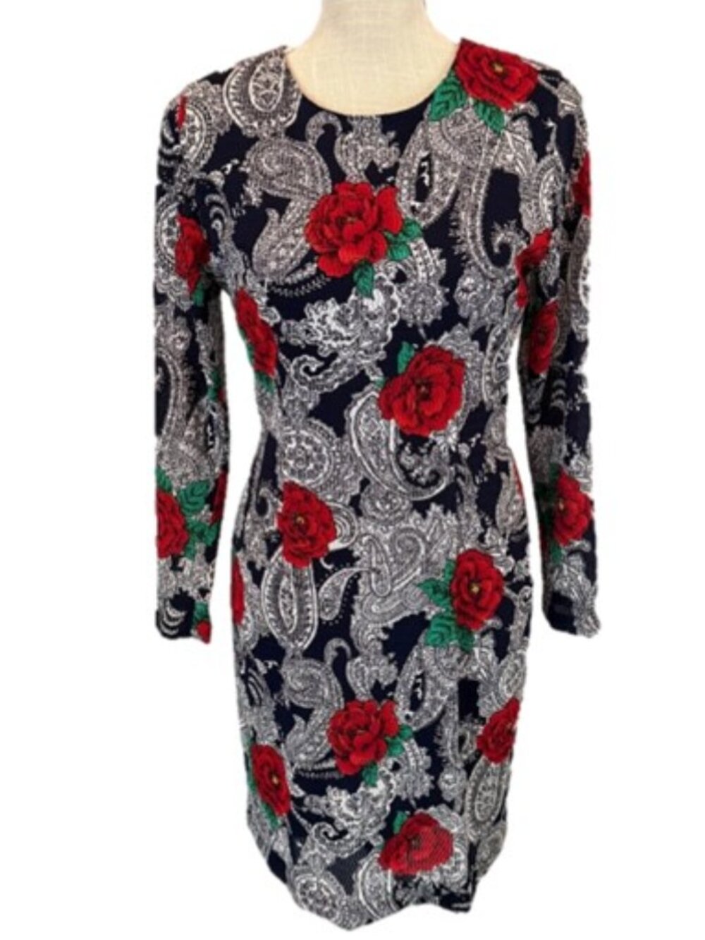 Navy Floral Paisley Long-Sleeve Sheath Dress with Red Roses